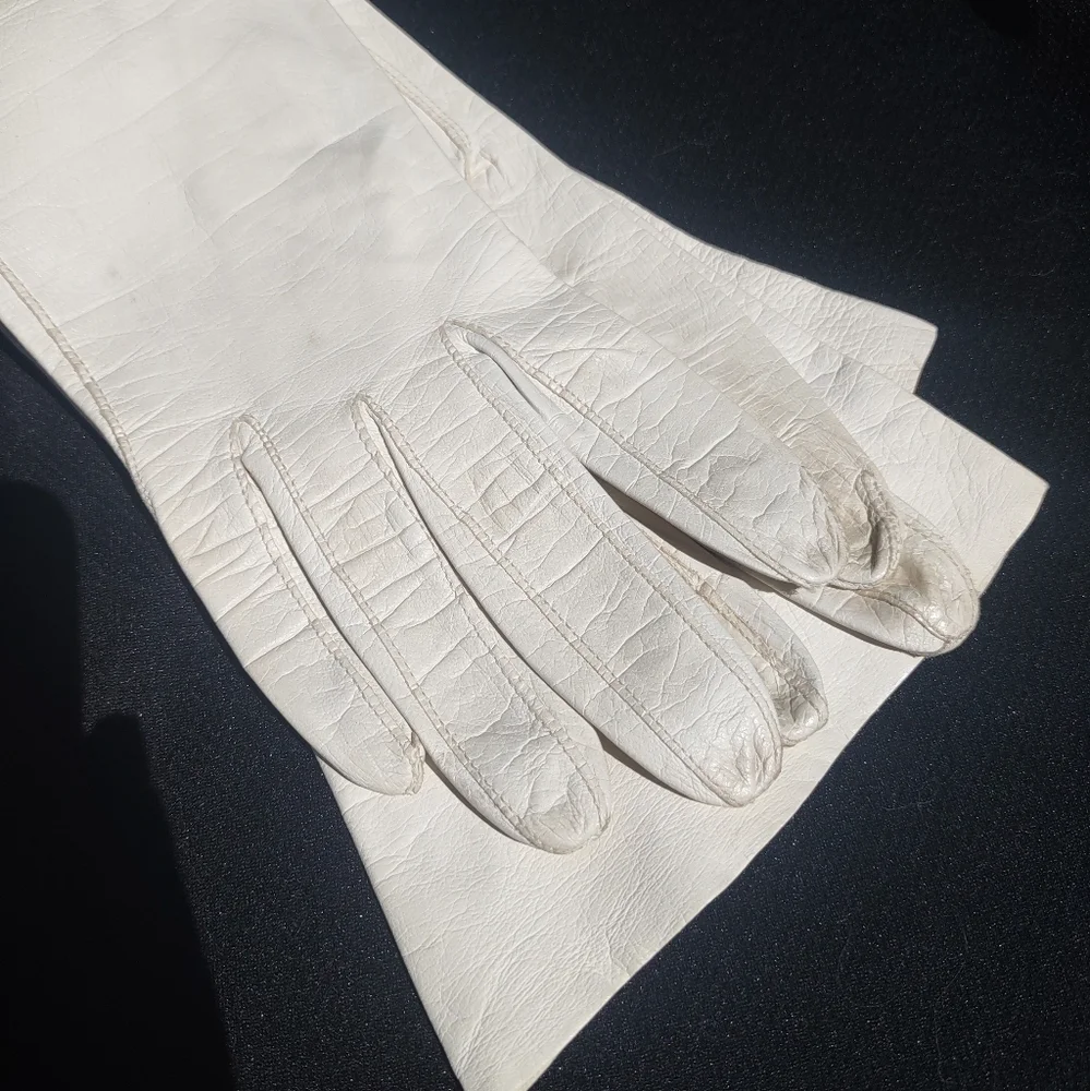 Sm Vintage Elegant White Leather Gloves Elbow Length